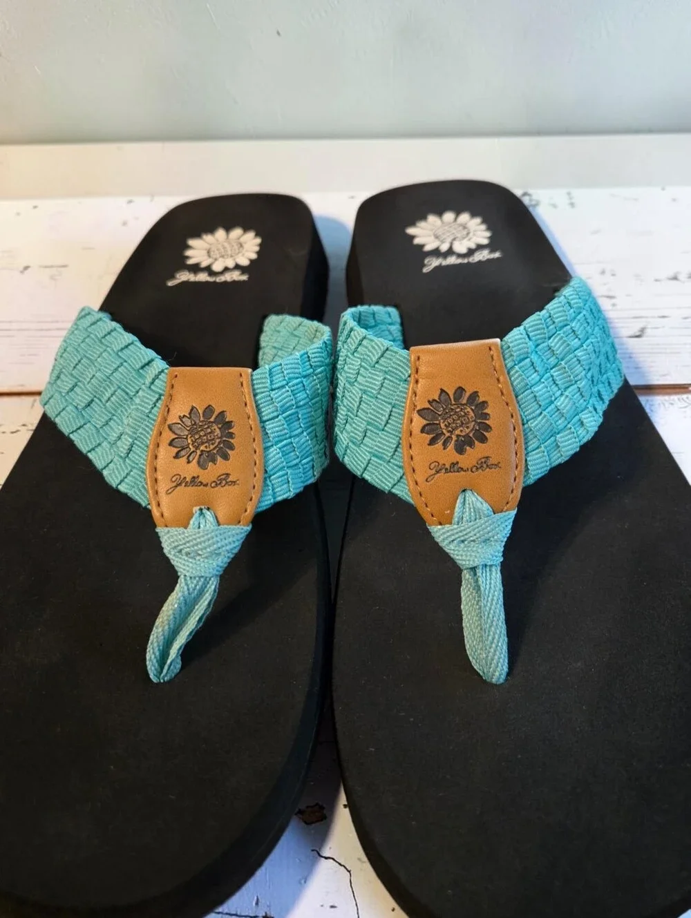 Yellow Box Turquoise Woven Strap Black Footbed Flip Flops - Picture 3 of 5
